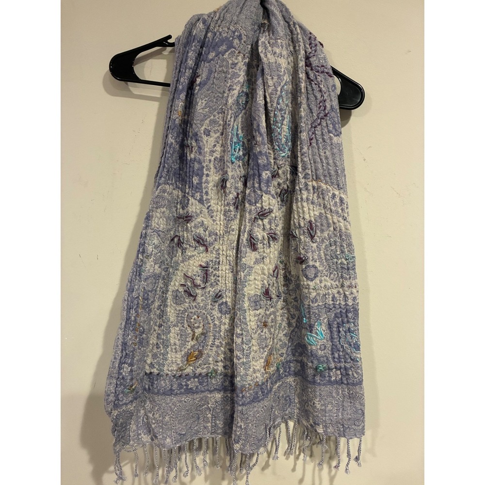 Signals Paisley Wool Cotton Scarf Lavender Purple Embroidered Fringe Wrap India